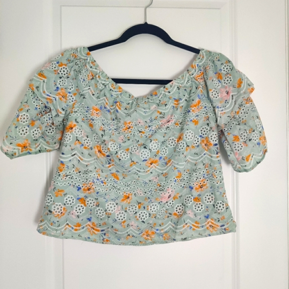 *Laia Anthropologie Seafoam Floral Eyelet Blouse Cotton Feminine Boho Top Small - Picture 3 of 9